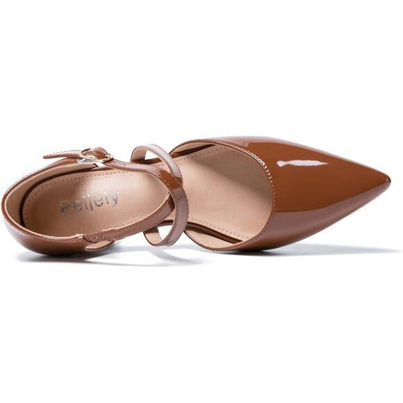 NWT Peijely Women's Chunky Heel Pumps Cross Strap Closed Pointed Toe Brown-SZ 10 - Picture 4 of 6